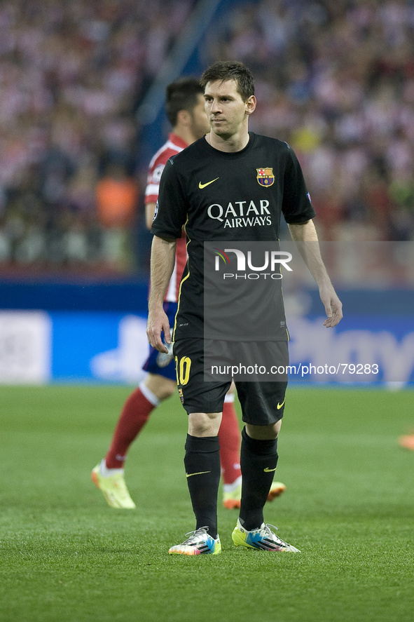 Lionel Messi during UEFA Champions League quarter final second leg soccer match between Atletico Madrid and FC Barcelona at the Vicente Cald...