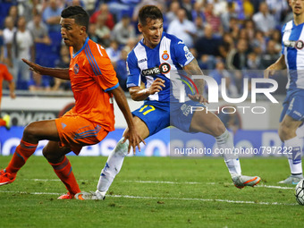 Hernan Perez and Santos in the match between RCD Espanyol and Real Madrid CF, corresponding to the week 5 of the spanish league played at th...