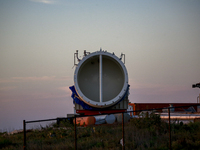 An uninstalled liquid oxygen tank sits on the Sanchez lot in Boca Chica, Texas.  (