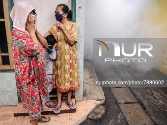 Health officials in the field of public environment carry out fumigation of the environment on residents in Grinding, Jakarta on March 29, 2...