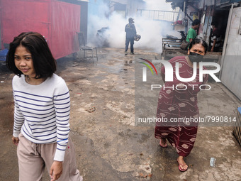 Health officials in the field of public environment carry out fumigation of the environment on residents in Grinding, Jakarta on March 29, 2...