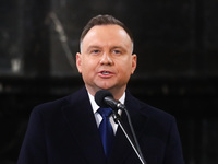 President of Poland Andrzej Duda speaks during a burial service of Polish composer and conductor Krzysztof Penderecki at St. Peter and Paul...