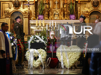 The urn with ashes and a photo of Polish composer and conductor Krzysztof Penderecki is seen during a burial service at St. Florian's Church...