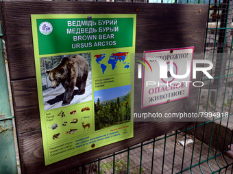 ODESA, UKRAINE - MARCH 27, 2022 - A sign is seen on the the grates of a bear enclosure in a local zoo that resumed its work, Odesa, southern...