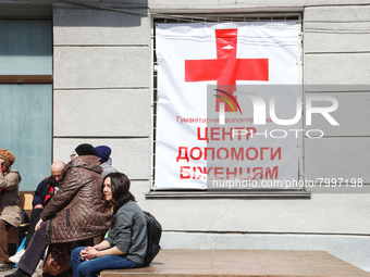 ODESA, UKRAINE - MARCH 30, 2022 - A red cross marks a building housing the humanitarian centre for internally displaced persons run by volun...