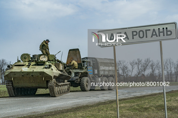 Ukrainian soldiers repair captured armored vehicles of the russian army in Mala Rohan, in the outskirts of Kharkiv, Ukraine. 