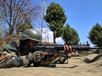 Indian army soldiers shoots a target during a practice session at a Forward Post at LoC Line Of Control in Uri, Baramulla, Jammu and Kashmir...