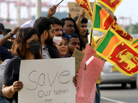 Sri Lankans shout slogans demanding the Sri Lankan president Gotabaya Rajapaksa to step down during a protest  at Colombo, Sri Lanka.  Monda...