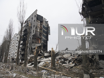 Residential building Destroyed by Russian army in the recaptured by the Ukrainian army Borodyanka city near Kyiv, Ukraine, 05 April 2022 (
