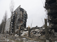 Residential building Destroyed by Russian army in the recaptured by the Ukrainian army Borodyanka city near Kyiv, Ukraine, 05 April 2022 (