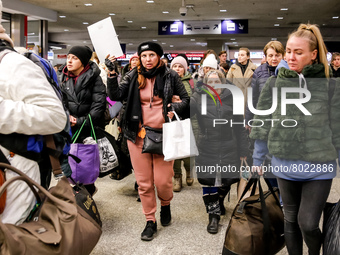 A Ukrainian woman, Olga Oszal from Abdar travel agency leads a group of Ukrainian refugees she drove to Krakow from Lviv as part of her huma...