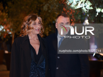 Myrta Merlino and Marco Tardelli during the News Presentation of the film with Laura Pausini “Piacere di conoscerti” on April 05, 2022 at th...