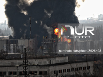 ODESA, UKRAINE - APRIL 3, 2022 - A fire rages after Russian rockets hit an oil refinery and an oil depot, Odesa, southern Ukraine.  (
