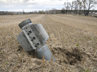 Detail of a rocket missile on the agricultural field near Kyiv  area, Ukraine, 06 April 2022 (