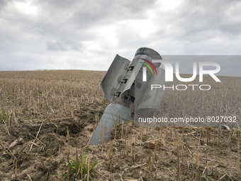 Detail of a rocket missile on the agricultural field near Kyiv  area, Ukraine, 06 April 2022 (