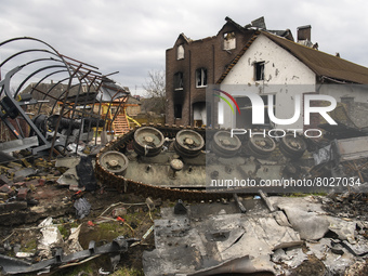 Destroyed Russian military machinery in the recaptured by the Ukrainian army Demydiv city near Kyiv, Ukraine, 04 April 2022 (