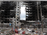 KYIV REGION, UKRAINE - APRIL 06, 2022 - A residential building destroyed by russian army shelling in Borodyanka, Kyiv Region, north-central...