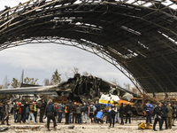 Journalists inspected the Hangar with Destroyed largest Ukrainian transport plane Antonov An-225 Mriya (Dream) at the Gostomel airfield near...