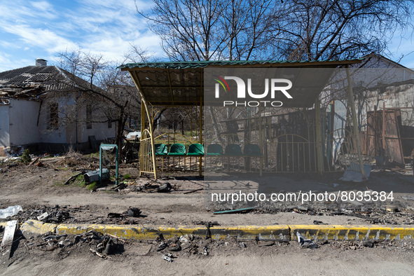 BUCHA, UKRAINE - APRIL 7, 2022 - A public transport stop shows damage after the liberation of the city from Russian invaders, Bucha, Kyiv Re...