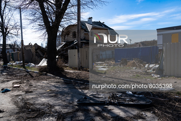 BUCHA, UKRAINE - APRIL 7, 2022 - The consequences of hostilities are pictured on a street after the liberation of the city from Russian inva...