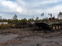 BUCHA, UKRAINE - APRIL 7, 2022 - A destroyed military vehicle is seen on a street after the liberation of the city from Russian invaders, Bu...