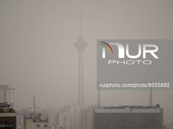 A view of northwestern Tehran and Milad telecommunication tower during a polluted air, on April 8, 2022. (