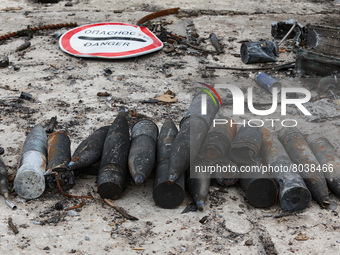 KYIV REGION, UKRAINE - Shells are found in the city liberated from the russian occupiers, Hostomel, Kyiv Region, north-central Ukraine (