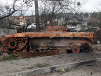 KYIV REGION, UKRAINE - A damaged tank is seen in the city liberated from the russian occupiers, Hostomel, Kyiv Region, north-central Ukraine...