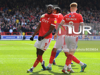 
Keinan Davis of Nottingham Forest shoots and scores a goal to make it 1-0 during the Sky Bet Championship match between Nottingham Forest a...