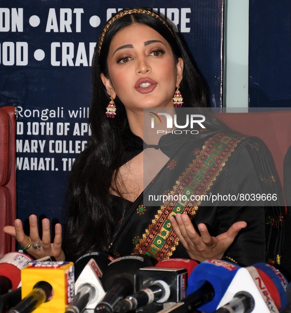 Bollywood actress Shruti Haasan addresses a press meet in Guwahati, India on April 9,2022. 