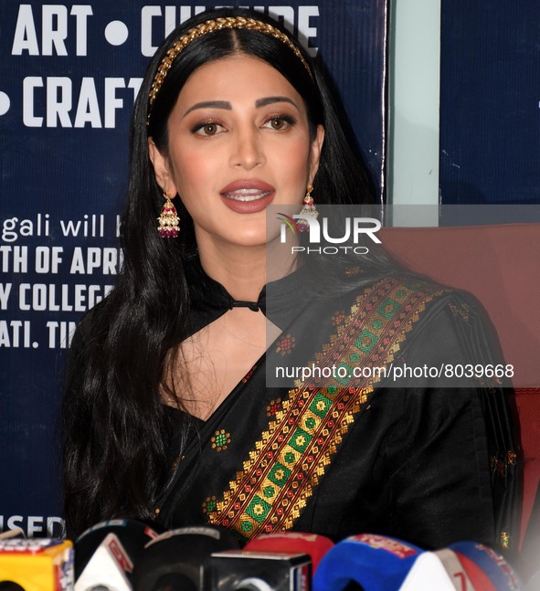 Bollywood actress Shruti Haasan addresses a press meet in Guwahati, India on April 9,2022. 