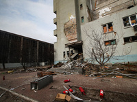 KYIV REGION, UKRAINE - APRIL 08, 2022 - A building damaged by the enemy shelling in the city liberated from the russian occupiers, Hostomel,...