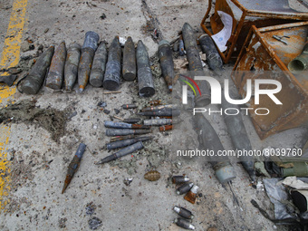 KYIV REGION, UKRAINE - APRIL 08, 2022 - Artillery shells are found in the city liberated from the russian occupiers, Hostomel, Kyiv Region,...