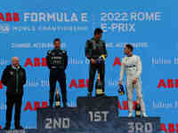 First three drivers on podium during celebration of Rome E-Prix, 4th round of Formula E World Championship in city circuit of Rome, EUR neig...