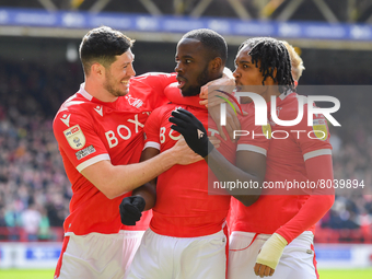 
Keinan Davis of Nottingham Forest celebrates with Scott McKenna of Nottingham Forest and Djed Spence of Nottingham Forest after scoring a g...