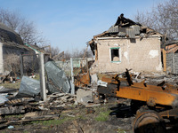KYIV REGION, UKRAINE - APRIL 07, 2022 - A house damaged in the result of the russian military incursion into the Kyiv Region, north-central...