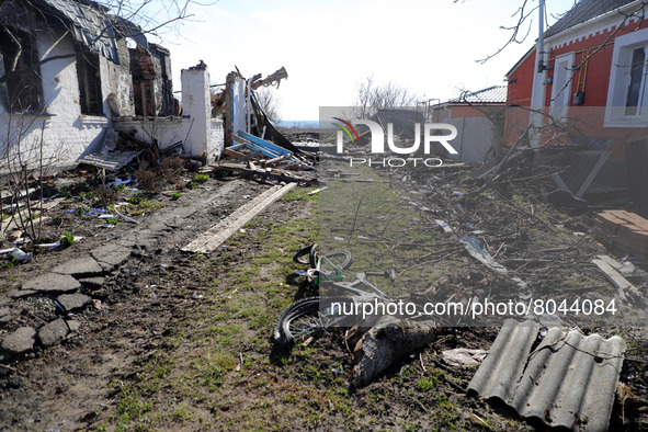 KYIV REGION, UKRAINE - APRIL 07, 2022 - Houses destroyed in the result of the russian military invasion, Kyiv Region, north-central Ukraine 