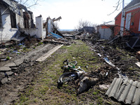 KYIV REGION, UKRAINE - APRIL 07, 2022 - Houses destroyed in the result of the russian military invasion, Kyiv Region, north-central Ukraine...