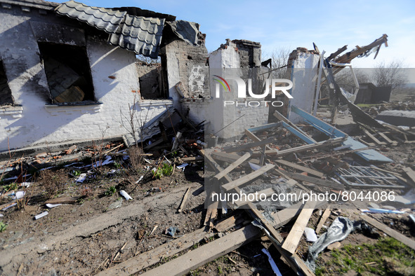 KYIV REGION, UKRAINE - APRIL 07, 2022 - A house destroyed in the result of the russian military invasion, Kyiv Region, north-central Ukraine...