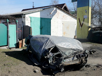KYIV REGION, UKRAINE - APRIL 07, 2022 - A car destroyed in the result of the russian military invasion, Kyiv Region, north-central Ukraine (