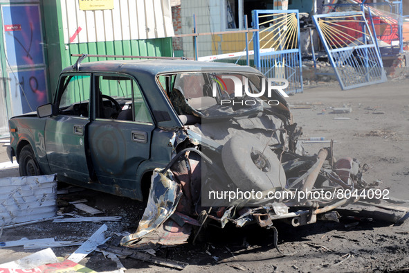 KYIV REGION, UKRAINE - APRIL 07, 2022 - A car destroyed in the result of the russian military invasion, Kyiv Region, north-central Ukraine 