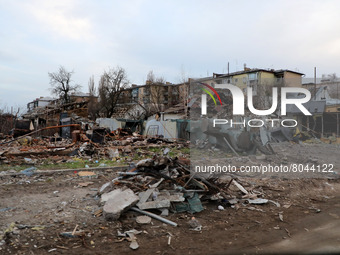 KYIV REGION, UKRAINE - APRIL 07, 2022 - Rubble in the residential area as a result of the russian military invasion, Borodyanka, Kyiv Region...