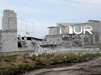 KYIV REGION, UKRAINE - APRIL 07, 2022 - A building destroyed in the result of the russian military invasion, Borodyanka, Kyiv Region, north-...