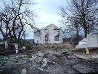 KYIV REGION, UKRAINE - APRIL 07, 2022 - A house destroyed in the result of the russian military invasion, Borodyanka, Kyiv Region, north-cen...