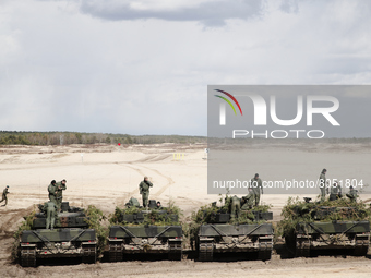German made Leopard 2 tanks of the Polish army are seen lined up after a joint exercise with the US army at the 21st Rifle Regiment training...