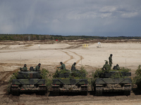 German made Leopard 2 tanks of the Polish army are seen lined up after a joint exercise with the US army at the 21st Rifle Regiment training...