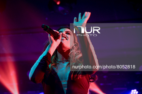 Margherita Vicario singing on stage during the Italian singer Music Concert Margherita Vicario Club Tour 2022 on April 09, 2022 at the New A...