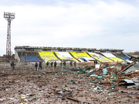 CHERNIHIV, UKRAINE - APRIL 9, 2022 - The Chernihiv Olympic Sports Training Centre (formerly Yuri Gagarin Stadium) shows damage sustained as...
