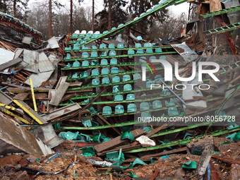 CHERNIHIV, UKRAINE - APRIL 9, 2022 - The damaged rows of seats are pictured on the stands of the Chernihiv Olympic Sports Training Centre (f...