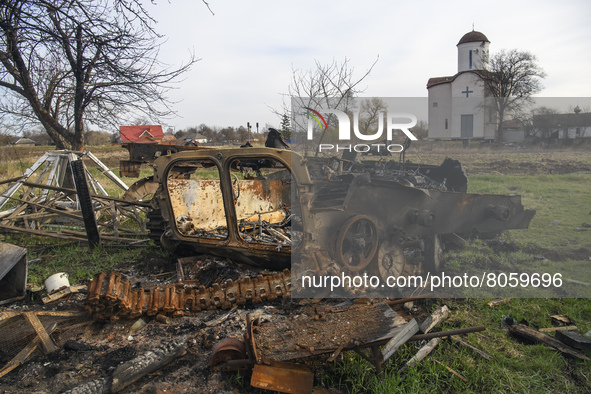 Destroyed Russian military machinery in the recaptured by the Ukrainian army Lypivka village,  close to Kyiv, Ukraine, Monday, April 11, 202...